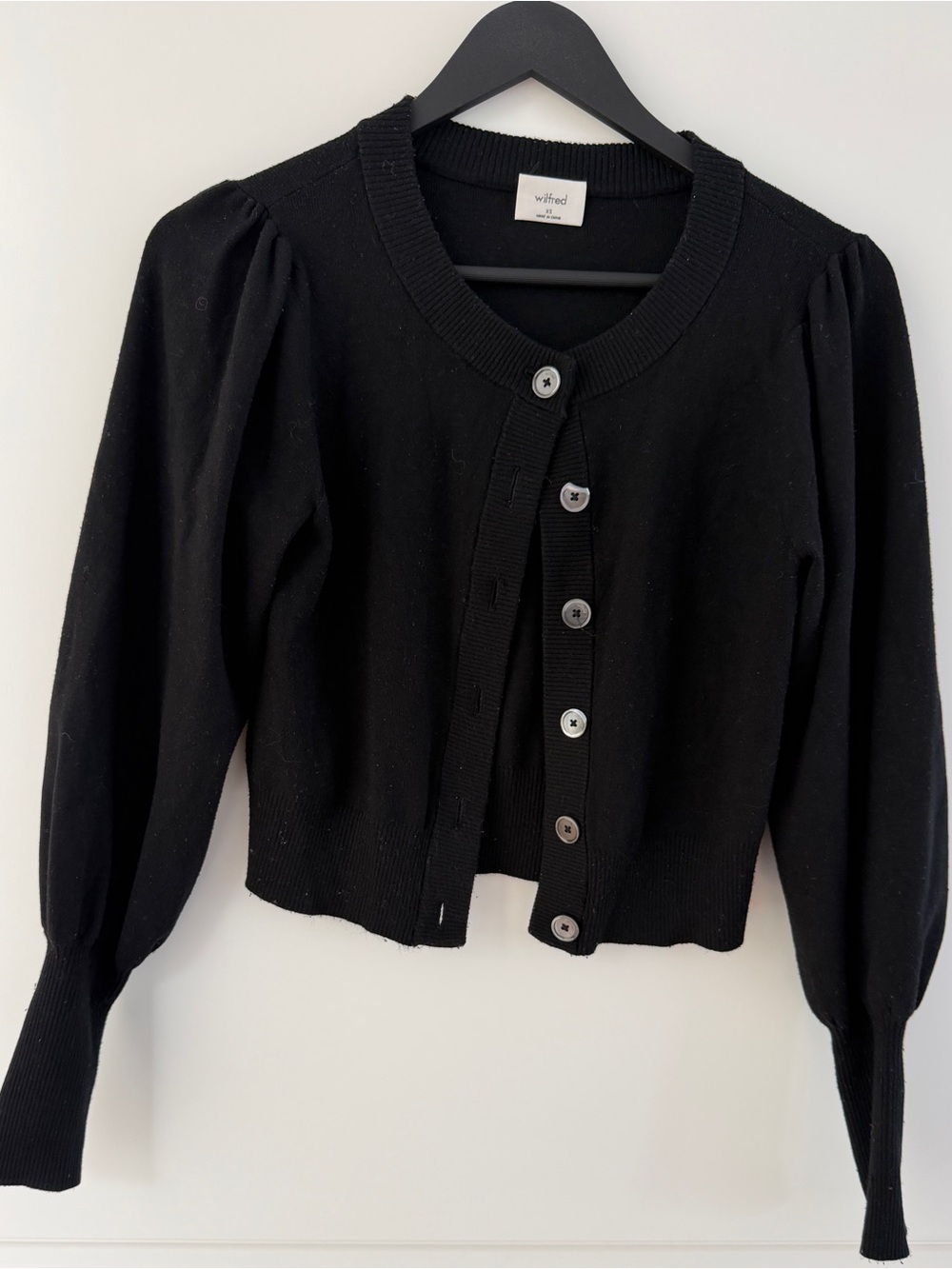 Wilfred Aritzia Black Puff Sleeve Cropped Button Cardigan XS